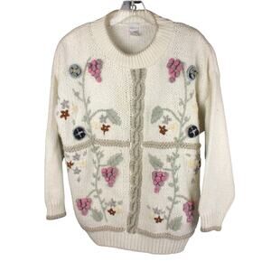 Hasting and Smith Womens L Embroidered Chunky Sweater 3D Grape Flowers Hand Knit
